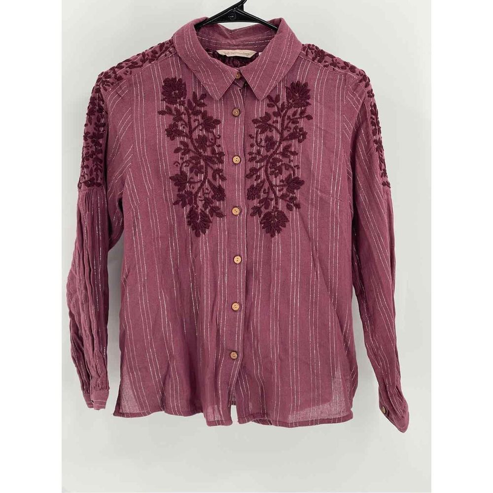Soft Surroundings Button Down Shirt Women XS Embroidered Western Collar Maroon